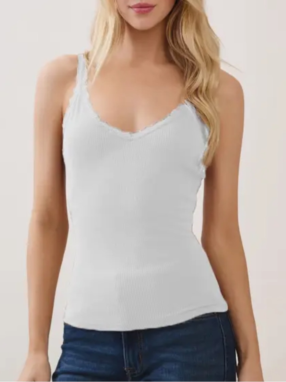 ShopEvelynne White Ribbed V-Neck Scallop Trim Tank